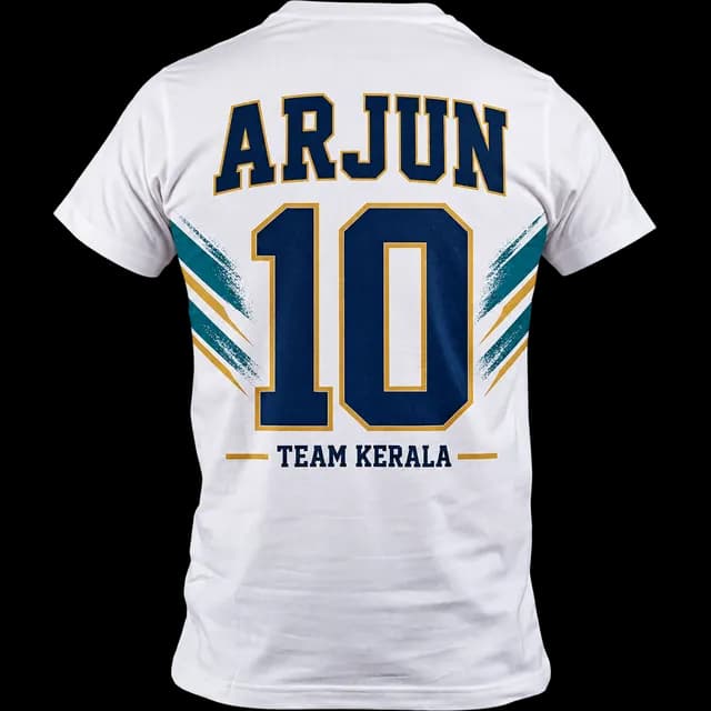 White football supporter T-shirt personalized with Arjun, number 10 and Team Kerala