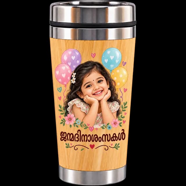 Bamboo Steel Travel Mug with a child's photo and Malayalam birthday wishes